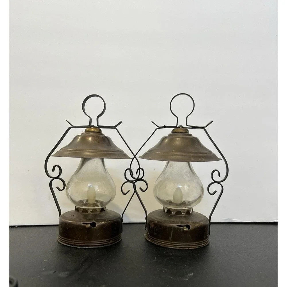 Vintage Set of 2 Miniature Battery Operated Lanterns Made in Japan Bronze Metal